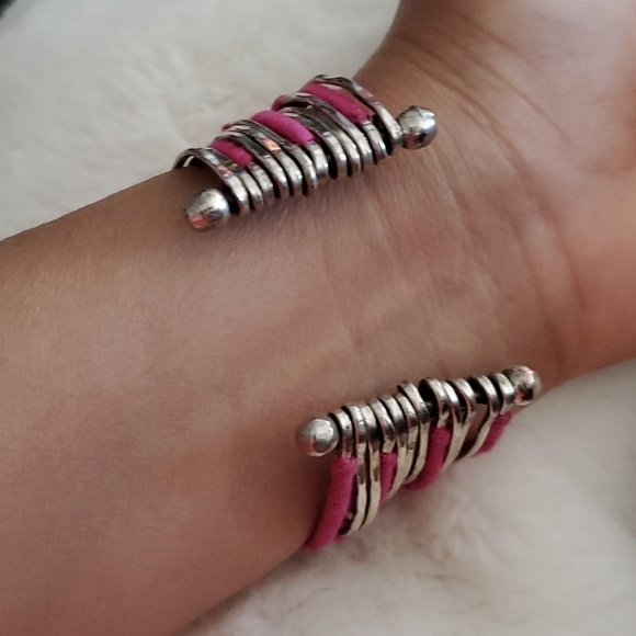 HOT PINK SILVER TONE MULTI STRAND CUFF BRACELET - Picture 2 of 4